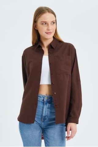 9942 Kadın Oxford Uzun Kol Basic Gömlek Kahve Kahve