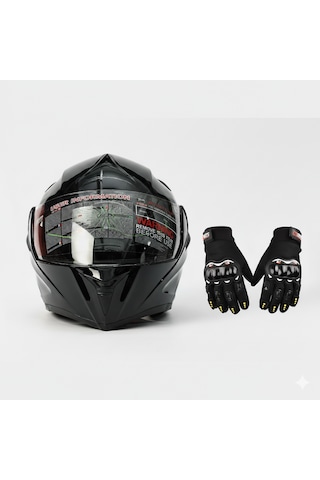 Eldivenli Motor Kaskı Sİyah Eldivenli Motor Kaskı Sİyah