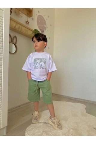 Miniko Kids Erkek Çocuk Keten Şortlu Cep Modelli Desenli Pamuk Şortlu Takım Beyaz