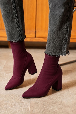 Dabab Shoes Rachel Kadın Bordo Sivri Burun Dalgıç Streç 7 Cm Kalın Topuklu Çorap Bot Bootie