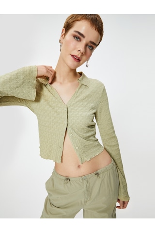 Koton Uzun Çan Kol Gömlek Dokulu Slim Fit Yeşil 4sal10133ık 4SAL10133IK780 Yeşil
