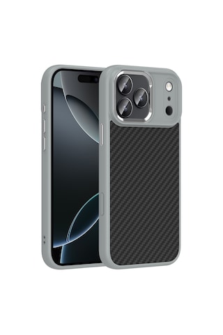 Apple Uyumlu iPhone 17 Pro Max Kılıf M-safe Şarj Özellikli Karbon Fiber Görünümlü Zore Truva Silikon Kapak Gri
