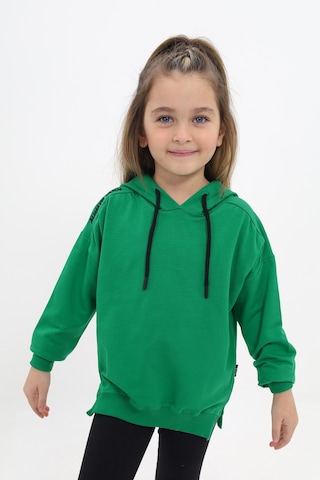 Toontoy Kız Çocuk Oversize Kapüşonlu Büzgülü Düşük Omuz Nakış Baskılı Yırtmaçlı Sweatshirt - 2 İplik Çimen Yeşili