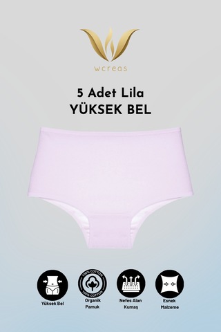 Wcreas Yüksek Bel Pamuklu Kadın Külot, 5'li Paket Pamuklu Yumuşak Kumaş Kadın Külot Lila