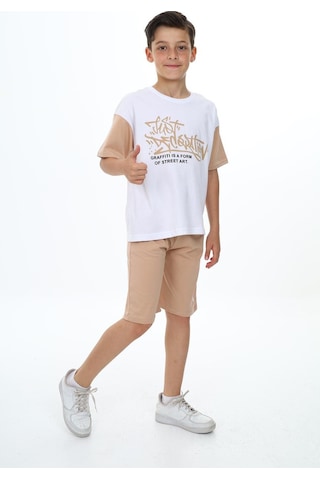 Erkek Çocuk Kısa Kollu Yazı Baskılı Şortlu Takım-5895-Bej