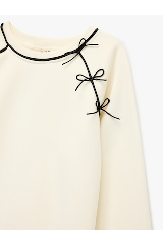 Koton Fiyonk Detaylı Uzun Kollu Bisiklet Yaka Şardonlu Sweatshirt Ekru 7wkg10055ak