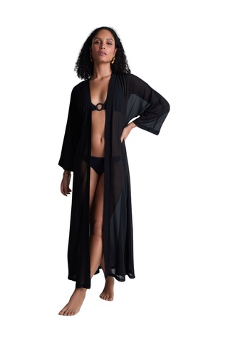 Aubade Beach Walk Kimono, Uzun Kollu, Derin Dekolteli, Hafif Plaj Üstlüğü Siyah