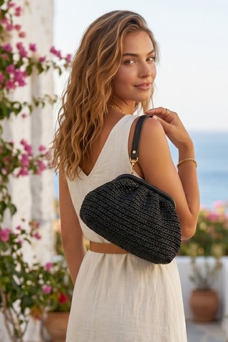 Vivazzaluxe Vintage Model Örme Hasır Kadın Portföy Clutch Çanta Siyah