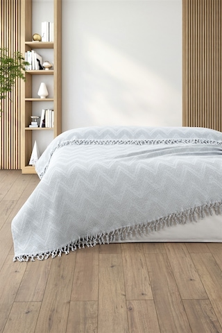 %100 Pamuk Çift Kişilik Bağlama Saçaklı Pike-220x240 Cm-gri Grı Gri