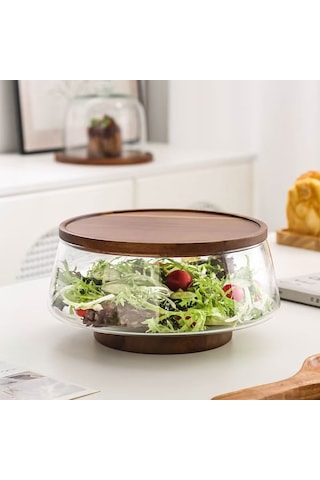 Qerhome Borosilikat Cam Lüks Akasya Kapaklı Ve Akasya Ayaklı Cam Kase - Sunumluk-salata Kasesi 20 Cm Düz Şeffaf
