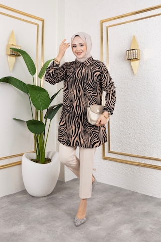 Hira Life Fashion Kadın Tesettür Giyim Ve Spor Giyime Uygun Düğme Detaylı Şık Desenli Dokuma Viskon Gömlek-tunik Vizon 2 Vizon 2