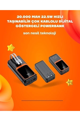 Powerbank 20000 Mah 22.5w Hızlı Şarj, Dahili Kablolu, Lcd Ekranlı Şarj Cihazı Diğer