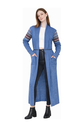 Onno Style Woman Standart Beden Kilim Desenli Uzun Triko Ceket Mavi