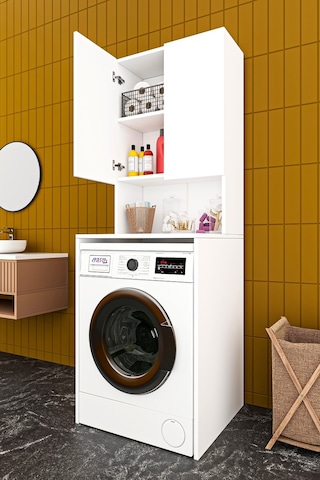 Asra Trend - Çamaşır Makinesi Üstü Banyo Dolabı BD-01 - %100 MDF - İki Kapaklı Organizer Raf - Beyaz