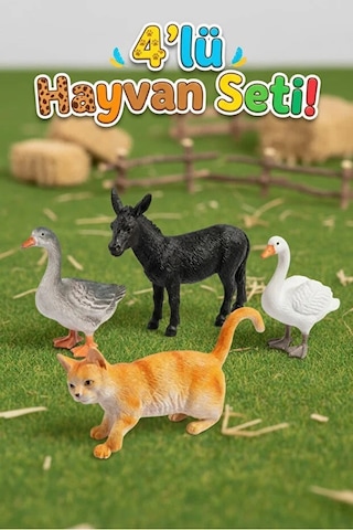 4'lü Çiftlik Hayvanları Figür Seti - Eğitici Oyuncak Hayvanlar Eşek, Kedi, Kaz, Ördek Hayvanlar