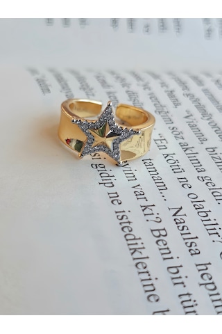 Ayarlanabilir Yıldız Model Zirkon Taşlı Gold Renk Çelik Yüzük Altın