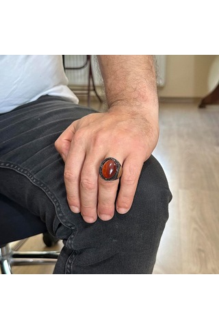 Gerçek Doğal Kırmızı Akik Taş Yüzük, 925 Ayar Gümüş Yüzük, Süleyman Yıldızı Yüzük Gümüş