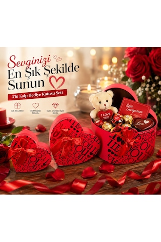 Sevdiklerinizi Mutlu Etmenin En Şık Yolu 3'lü Kalp Hediye Kutu Seti 3'lü Set I Love You Kırmızı