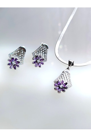 925 Ayar Gümüş Lotus Çiçek Mor Ametist Taşlı Otantik Tasarım Kadın Mücevher Set Kolye Küpe