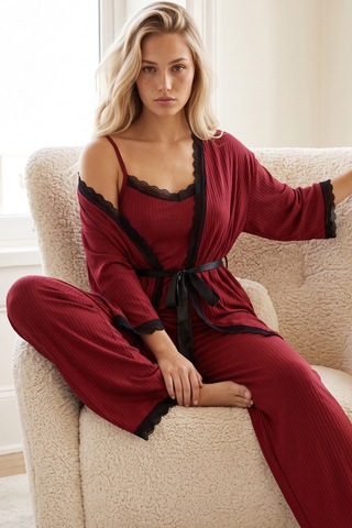 Siyah İnci 3'lü Soft Touch Ince Örme Sabahlık Takım Bordo