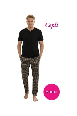 Guava Erkek Modal 3 Düğmeli Ekose Desen Pamuk Likra Kısa Kol Cepli Pijama Takımı Turuncu