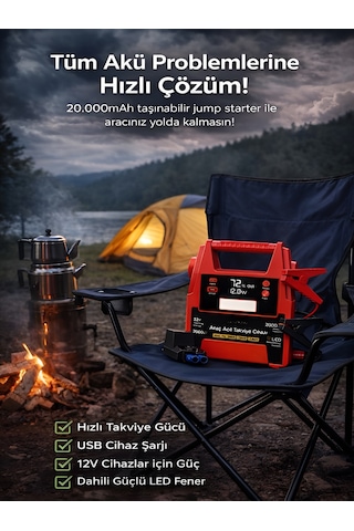 20000mah 12v Araç Akü Takviye Cihazı 2000a Tepe Akım Lcd Ekranlı Çift Voltaj Jump Starter Powerbank
