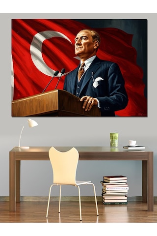 Ahşap Tablo Türk Bayrağı Önünde Atatürk Portresi İstanbul Tabloları