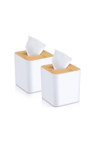 Ximistore9 Beyaz Bambü Masaüstü Kapaklı Kutular 2 Adet - Banyo, Yatak Odası, Ofis İçin Organize Edici Kutu Kapağı Beyaz
