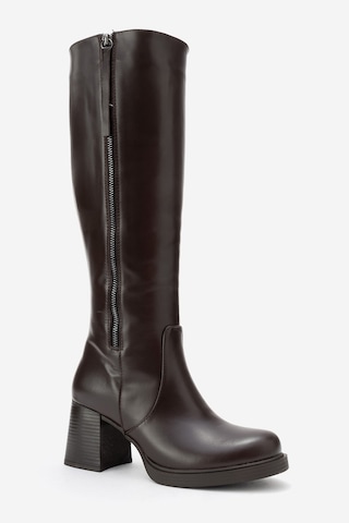 Luvishoes Lensa Kahverengi Cilt Hakiki Deri Fermuarlı Kadın Kalın Topuklu Çizme Kahverengi