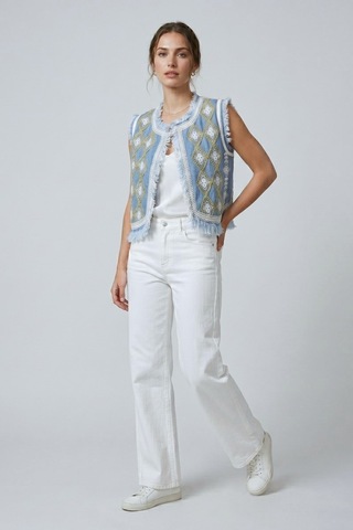 Saade Sââde Kadın Bisiklet Yaka Zincir Nakışlı & Saçaklı Denim Crop Yelek Mavi