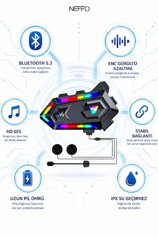 V20 Max 2'li Set 5.3 Bluetooth Motosiklet Kask Kulaklık Intercom Işıklı, Gürültü Engelleme, Uzun Pil