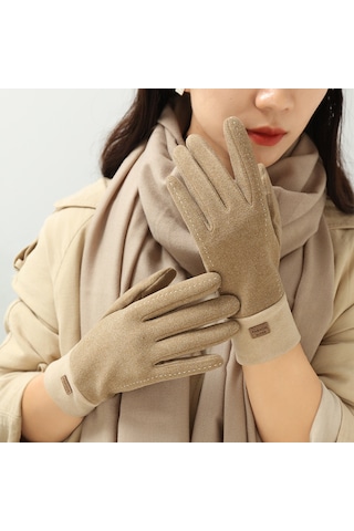 Cbtx Dokunmatik Özellikli Şık Mode Kadife Sıcak Soğuk Dayanıklı Kadın Eldiven Haki