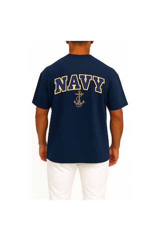 Bahriyeli Collection Oversize Blue Navy Anchor Göğüs Ve Sırt Baskılı Unisex T-shirt Lacivert