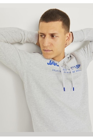 Jack & Jones Erkek Kapüsonlu Gögüs Logo Baskili Sweatshirt - Alvis 12256848 White Melange Gri