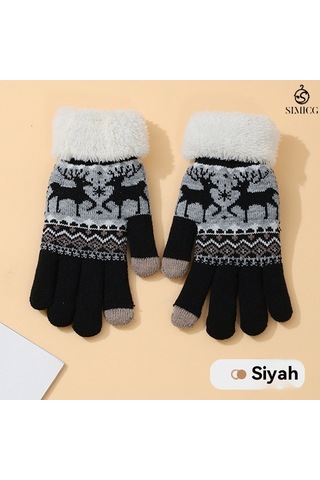 Kadınlar İçin Dokunmatik Ekranlı Kadife Sıcak Sevimli Çizgi Film Geyik Yün Eldiven Siyah