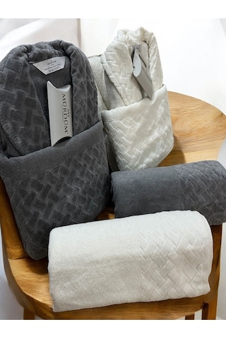 Banyo Çeyiz Seti, %100 Pamuk Bornoz Takımı, 8 Parça Aile Bornoz Seti, Havlu & Havlu Seti Gri-krem Gri