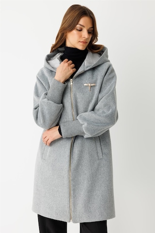 Fermuar Kapamalı Kapişonlu Kaban Gri Gri