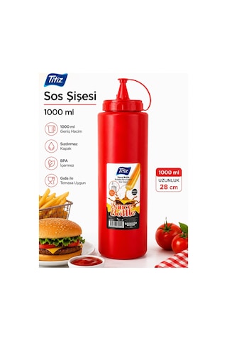Titiz 1000 Ml Sos Şişesi Seti Sarı Kırmızı Şeffaf Sızdırmaz Kapaklı 1 Adet