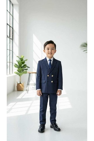 Bys Beystil Sivri Yaka Lacivert Çizgili Çocuk Kruvaze Elbise - Slim Fit