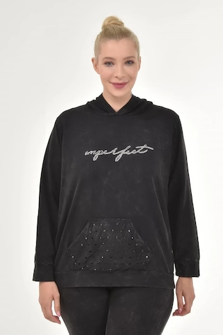 Kadın Büyük Beden İtalyan Yıkama Siyah Kapşonlu Sweatshirt Siyah