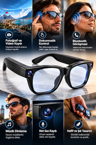Kameralı Akıllı Gözlük Bluetooth Wifi Bağlantılı Fotoğraf Video Ve Ses Kayıtlı Yapay Zeka Destekli Cy03