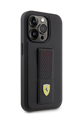 Apple Uyumlu iPhone 14 Pro Kılıf Ferrari Lisanlı Klasik Metal Logolu Delikli Standlı Deri Kapak Siyah