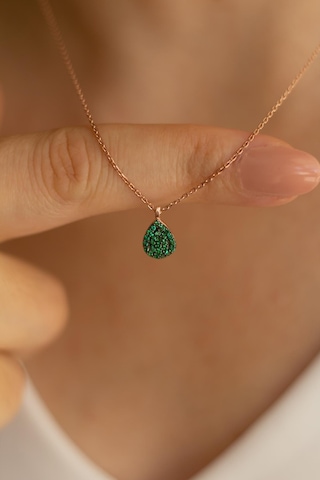 Bybarun Damla Zümrüt Yeşil Taşlı Gümüş Kolye Rose Gold