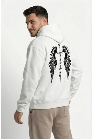 Nevermind Unisex His Angel & Her Guardian Baskılı Sevgili Kombini Hoodie Se Beyaz