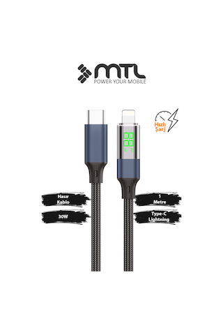 30w Pd Type-c To Apple Uyumlu iPhone Lightning Dijital Watt Göstergeli Hızlı Şarj Kablosu 1 Metre Siyah Mt2156