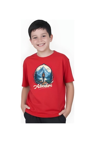 Panios Kids Adventure Baskılı Erkek Çocuk Yuvarlak Yaka Kısa Kollu T-shirt Kırmızı