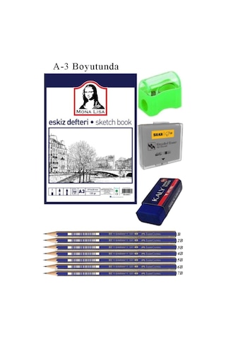 Eskiz Defteri A3 50 Yaprak Karakalem Çizim Seti Hamur Silgi Faber Castell Dereceli Kalem