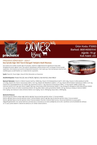 Prochoice Döner Bites Sos İçinde Sığır Etli Yetişkin Kedi Konservesi 70 Gr