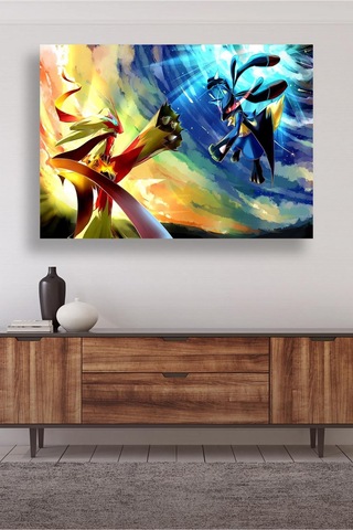 Pokémon Anime Savaş Sahnesi Enerjik Aksiyon Temalı İki Efsanevi Yaratık Kanvas Tablo