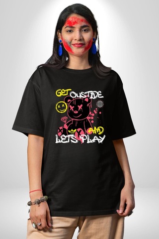 Dışarı Çık Ve Oynayalım Teddy Pamuklu Bisiklet Yaka Unisex Oversize Boyfriend Dijital Baskılı Siyah T-shirt Siyah
